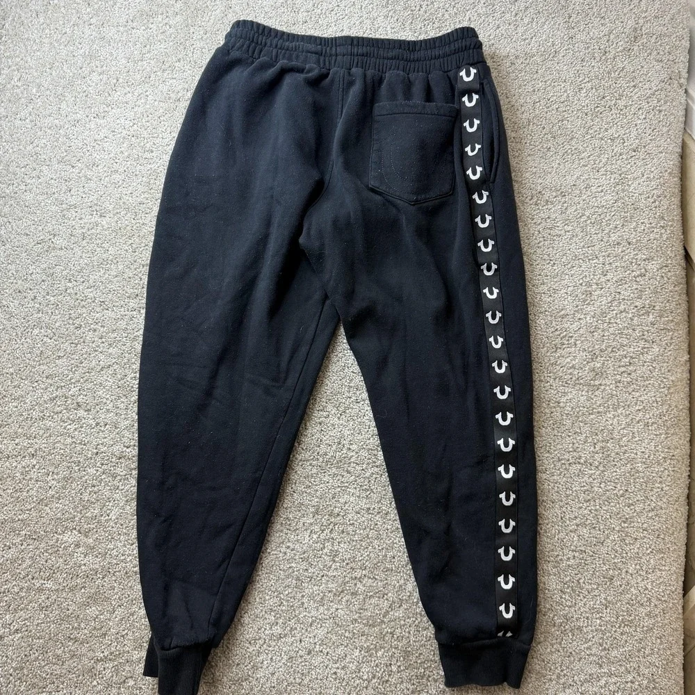 True Religion Jogger Pants Mens Med Black Fleece Elastic Waist Side Logo Stripe